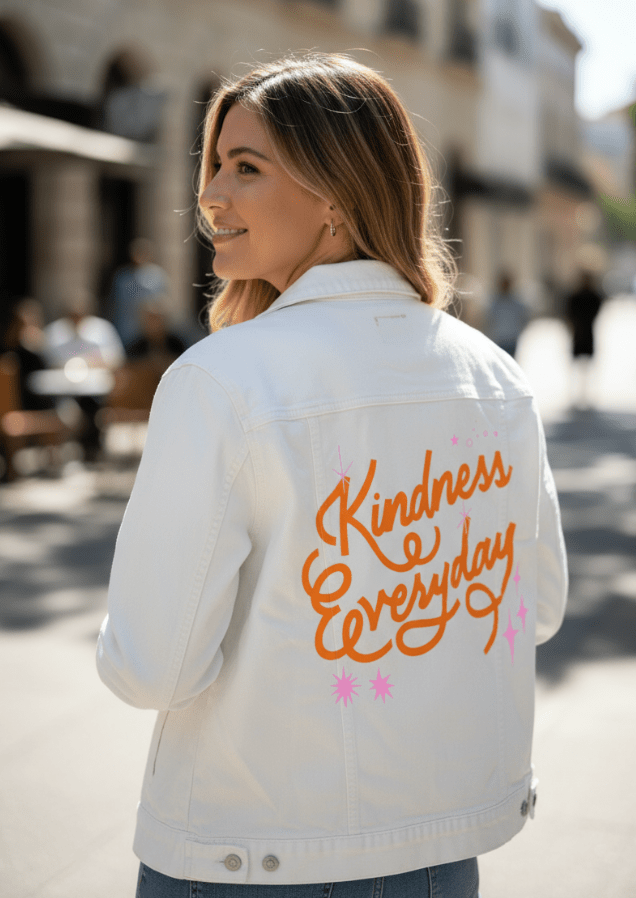 KINDNESS EVERYDAY by IndySign, printed on denim jackets and other denim products: tote bags, throw pillows, table place mats, aprons