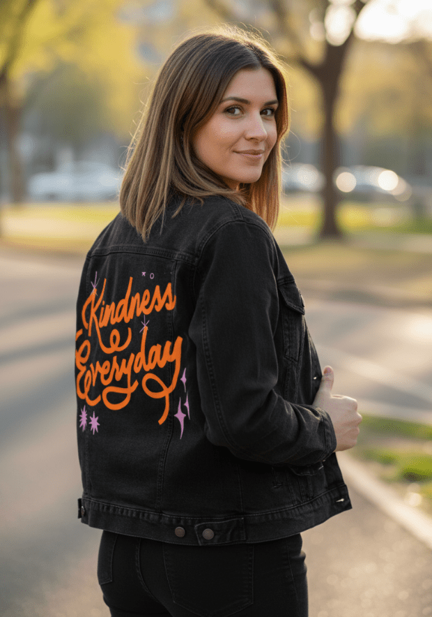 KINDNESS EVERYDAY by IndySign, printed on denim jackets and other denim products: tote bags, throw pillows, table place mats, aprons