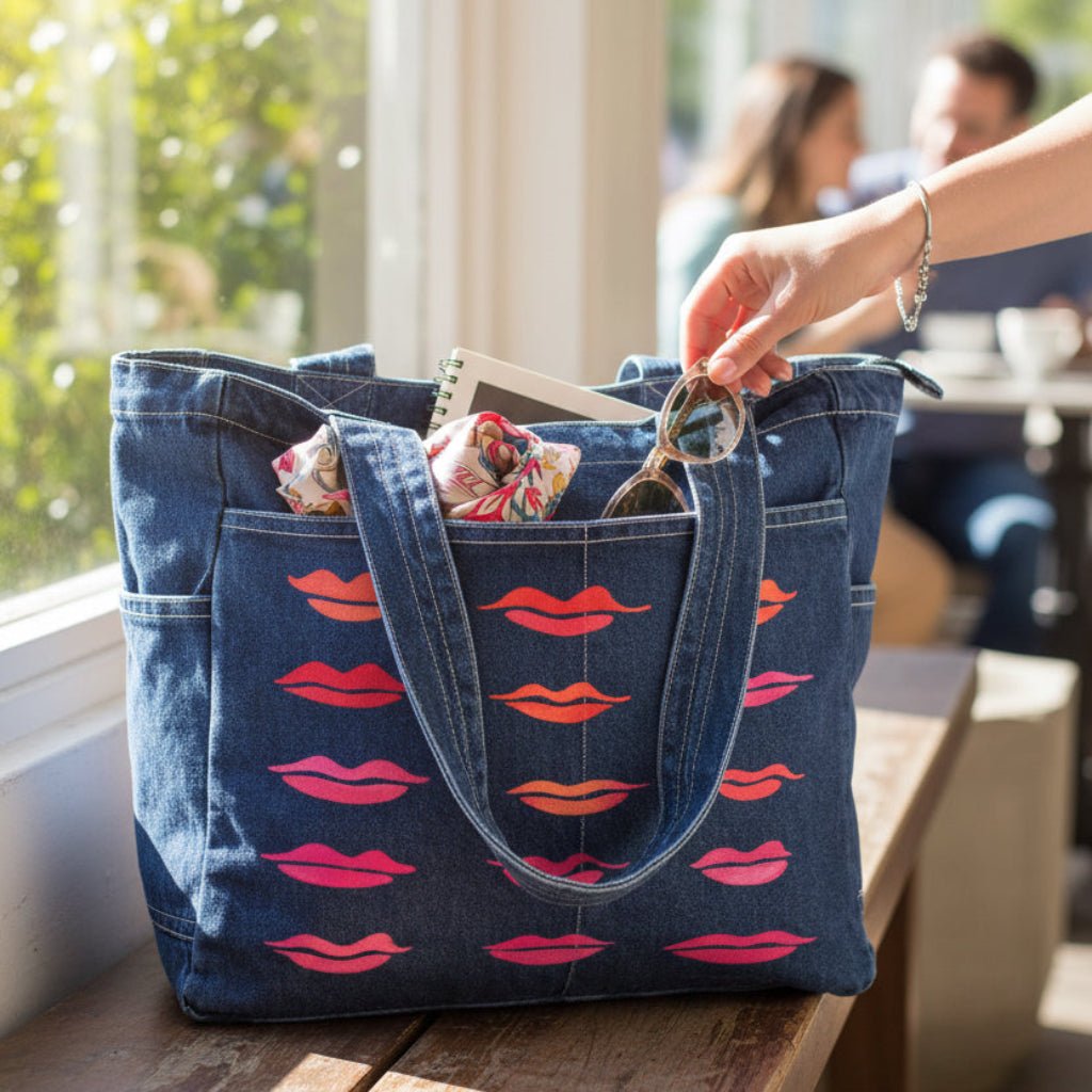 denim tote bag with pink lip prints on a wooden table, with people in the background. kiss-collection-by-CatCoq-denim-tote-bag-lifestyle-shot