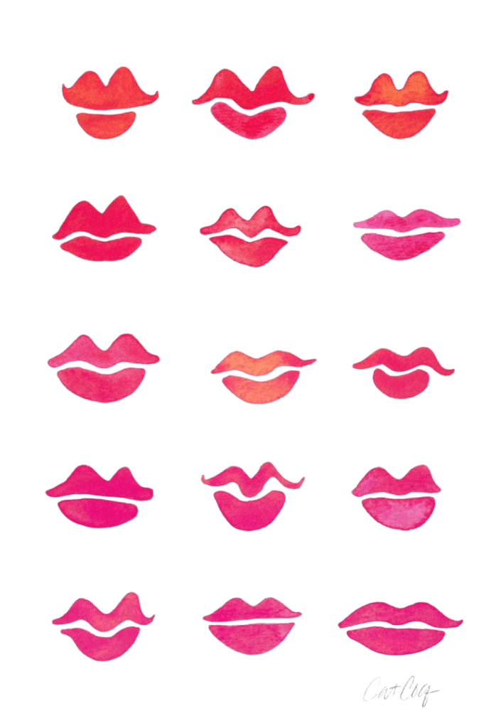 illustration of fifteen watercolor lips arranged in a five-by-three grid, each with a unique shape &amp; hue. colors range from bright coral &amp; soft red to deep fuchsia &amp; magenta, with soft edges &amp; gradient shading that give a playful, hand-painted feel. the lips are evenly spaced on a white background. signed “CatCoq” in the bottom right corner.