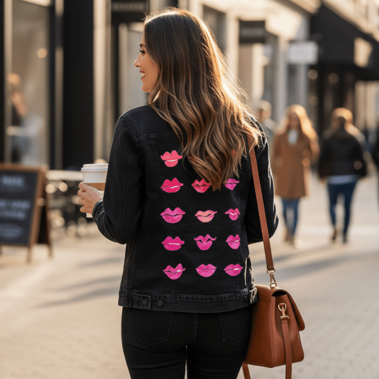 rear view of a model walking along a modern city sidewalk, holding a takeaway coffee in one hand. they wear a black denim jacket printed with the “Kiss Collection” artwork by CatCoq, featuring fifteen watercolor lips arranged in a five-by-three grid. the lips vary in shape &amp; color, ranging from hot pink to coral to fuchsia, and stand out vividly on the black fabric. printed by DenimINK.