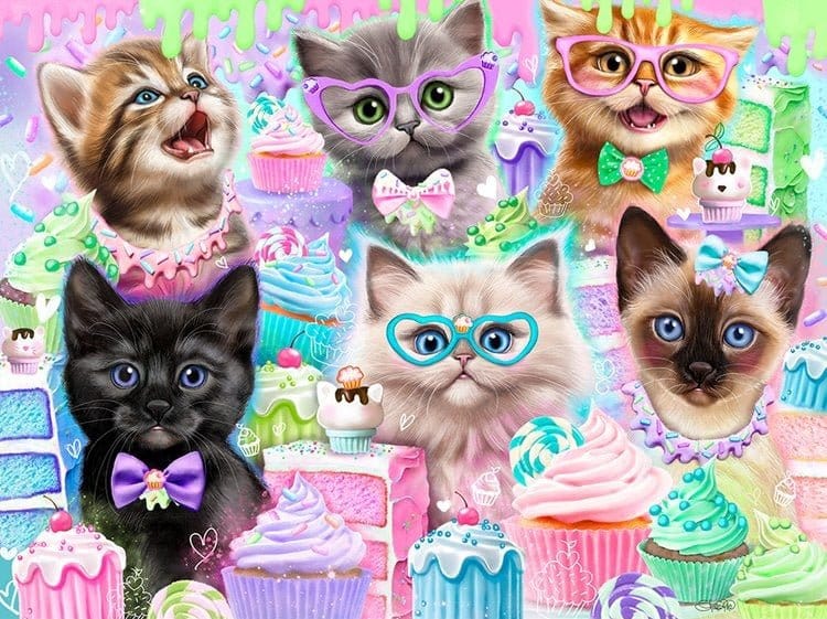 KITTENS N CUPCAKES by SHEENA PIKE, printed on denim jackets and other denim products: tote bags, throw pillows, table place mats, aprons