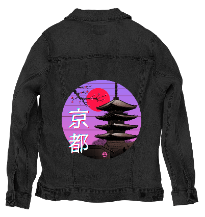 KYOTO WAVE by VINCENT TRINIDAD, digitally printed on DENIM products: throw pillows, aprons, table place mats, and hand-crafted Unisex Denim Jackets in 3 color choices