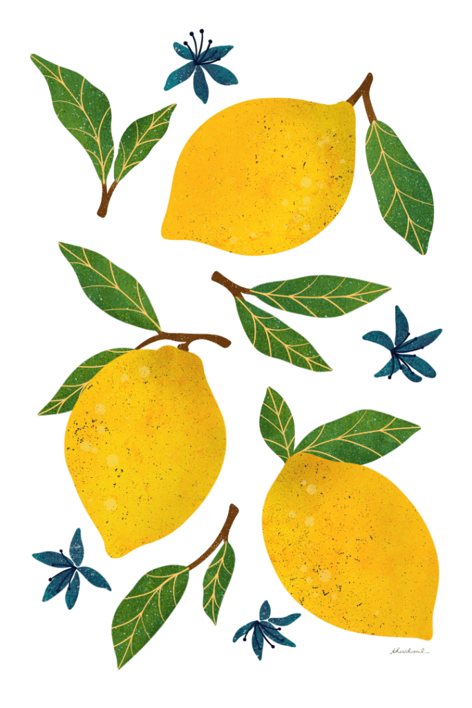 illustration of Three bright yellow lemons arranged diagonally across open space, each fruit rendered with speckled texture & soft tonal variation. The lemons vary slightly in size and shape, with tapered ends & subtle surface dimpling. Green leaves with visible vein lines extend from short brown stems, overlapping & angling in different directions. Small blue star-shaped flowers are scattered between the lemons. The background is transparent with no visible ground or color field. "Lemons" by thearticsoul