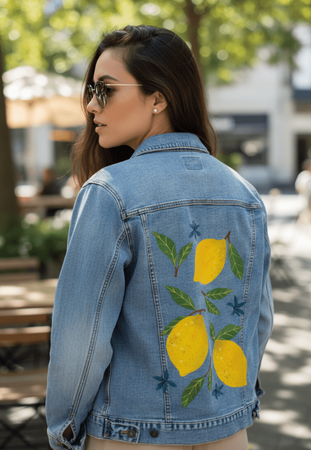 LEMONS by thearticsoul, printed on denim jackets and other denim products: tote bags, throw pillows, table place mats, aprons