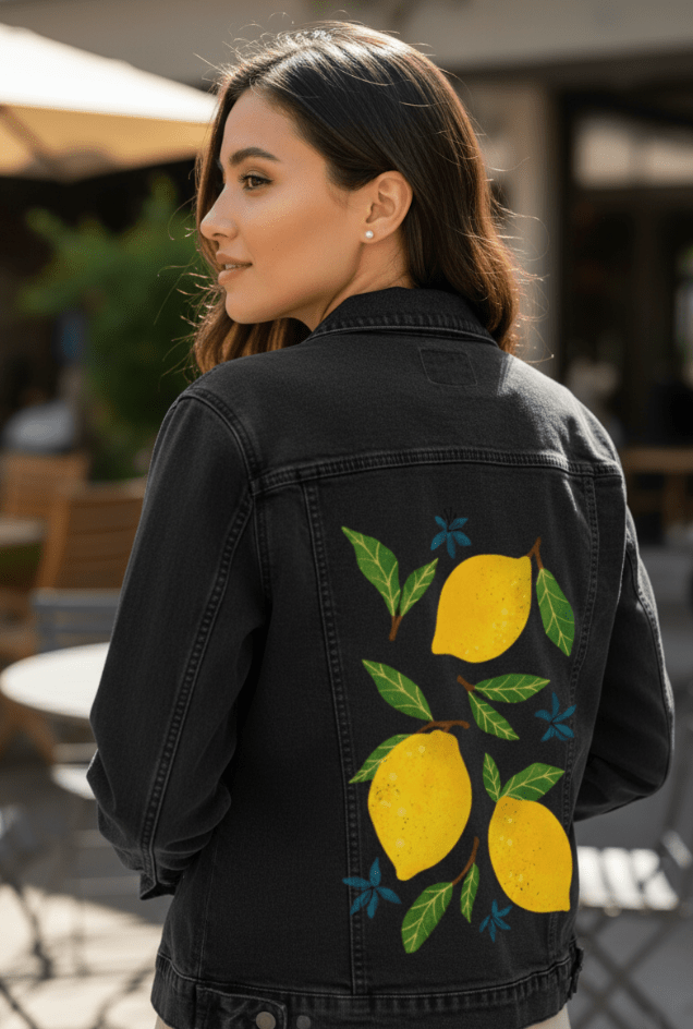 LEMONS by thearticsoul, printed on denim jackets and other denim products: tote bags, throw pillows, table place mats, aprons