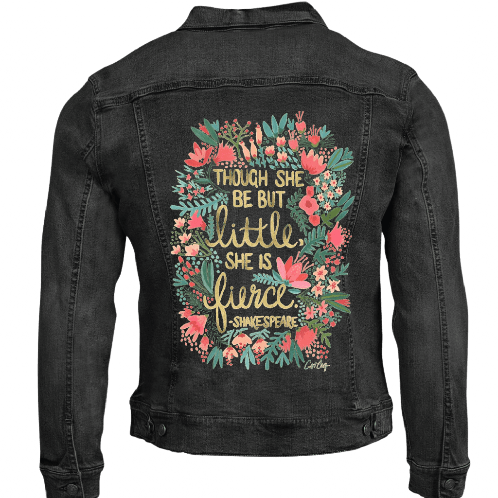 Black denim jacket with floral design with Shakespears quote "Though She Be But Little, She is Fierce" printed by DenimINK.   Little and Fierce by CatCoq  mockup.