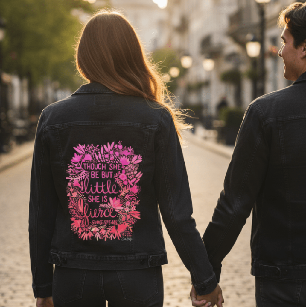 back view of a model walking a cobblestone street at golden hour, holding hands with another person. they wear a black denim jacket printed with the “Little &amp; Fierce” artwork by CatCoq. the design features a Shakespeare quote framed by a vibrant pink, red &amp; green floral wreath in watercolor style. city buildings &amp; street lamps create a glowing backdrop. printed by DenimINK.
