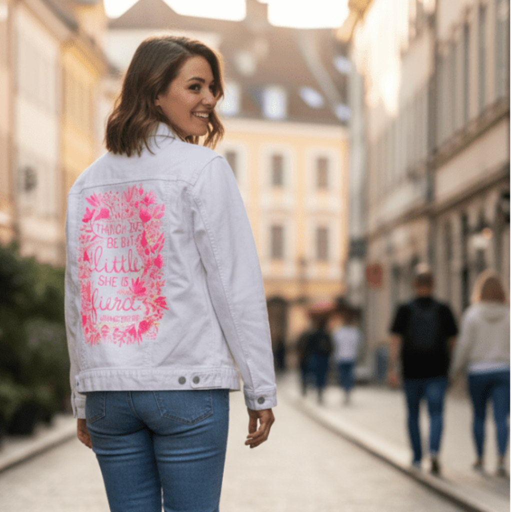 three-quarter rear view of a smiling model walking along a cobblestone street in soft afternoon light, wearing a white denim jacket printed with the “Little &amp; Fierce” artwork by CatCoq. the design features hand-lettered text in gold surrounded by a watercolor wreath of coral &amp; pink florals. the model looks over their shoulder while wearing light blue jeans &amp; white sneakers. printed by DenimINK.