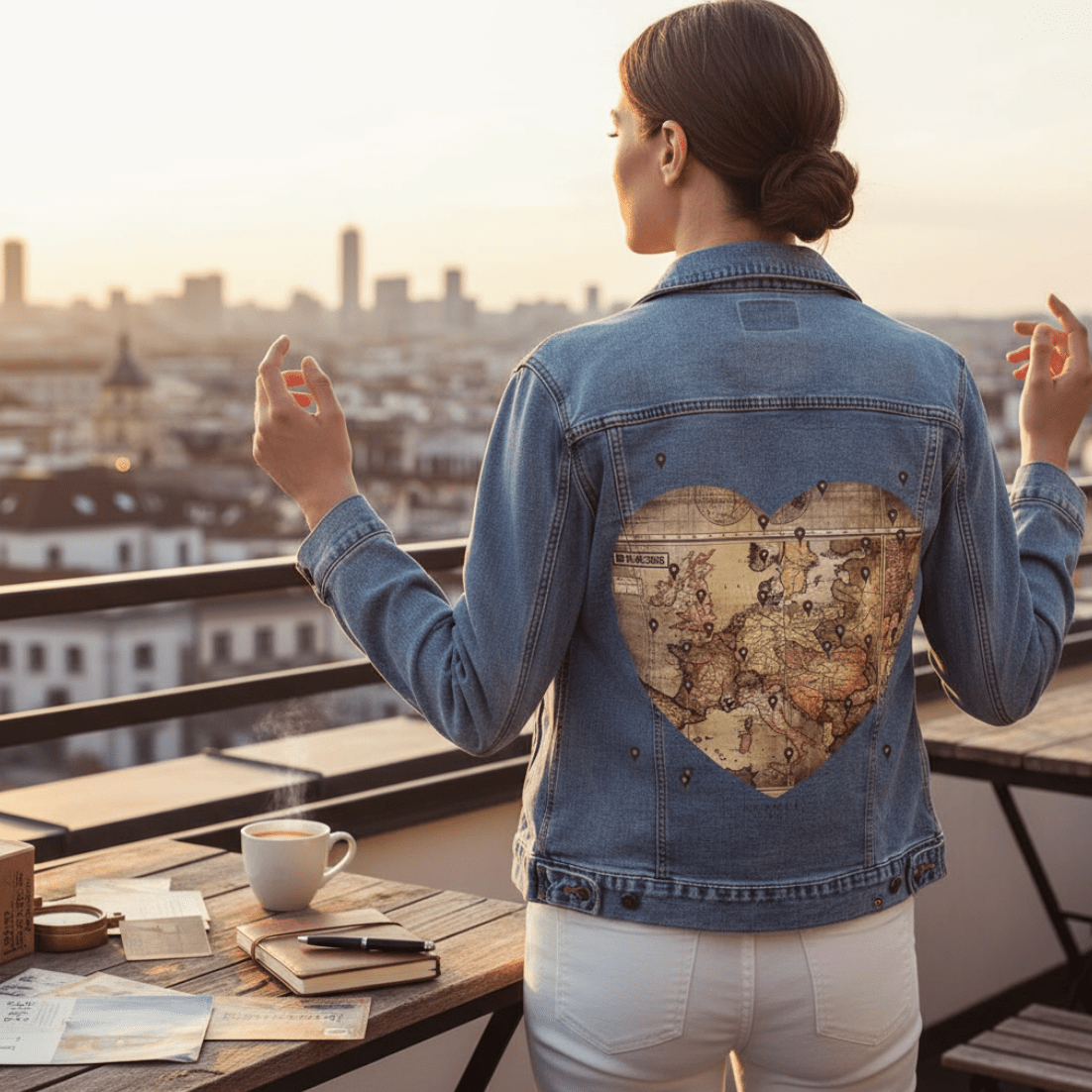 LOVE BY TRAVEL by TOBE FONSECA, digitally printed on DENIM products: throw pillows, aprons, table place mats, and hand-crafted Unisex Denim Jackets in 3 color choices