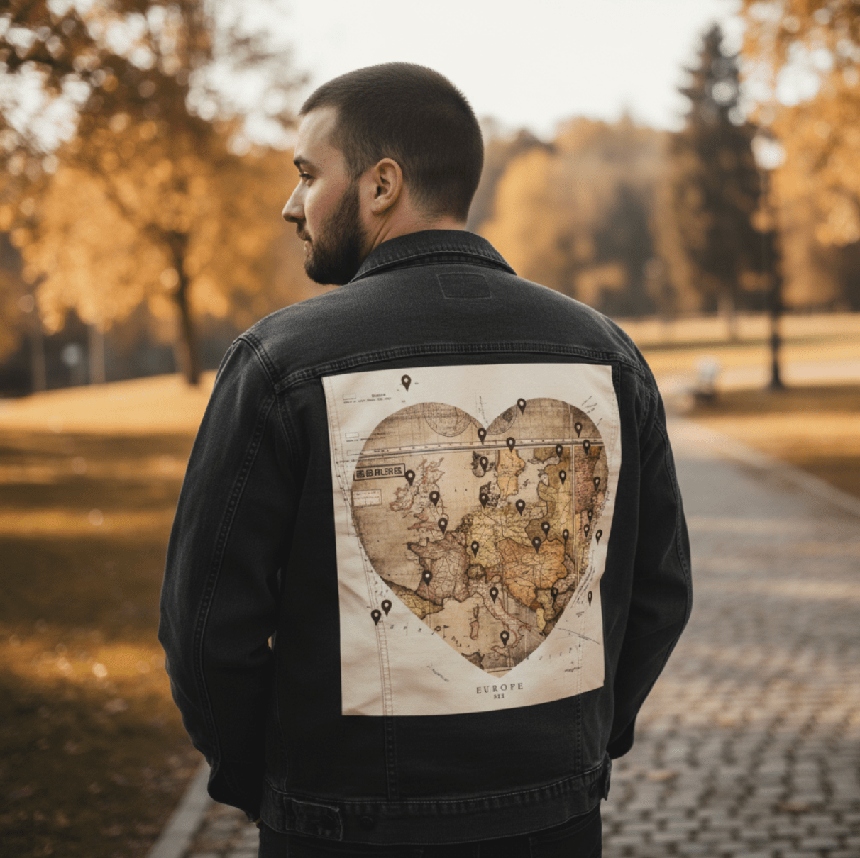 LOVE BY TRAVEL by TOBE FONSECA, digitally printed on DENIM products: throw pillows, aprons, table place mats, and hand-crafted Unisex Denim Jackets in 3 color choices