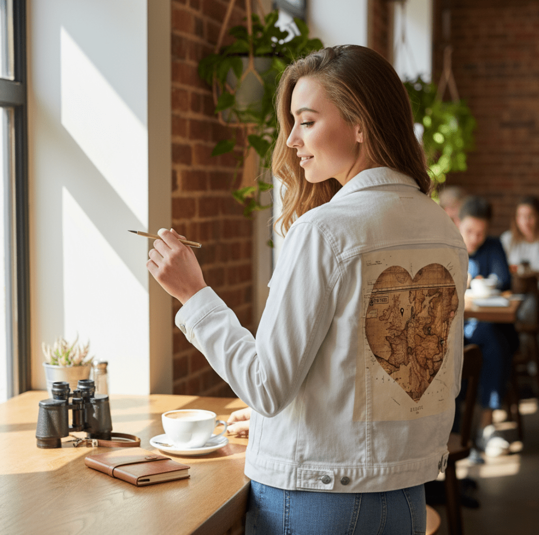LOVE BY TRAVEL by TOBE FONSECA, digitally printed on DENIM products: throw pillows, aprons, table place mats, and hand-crafted Unisex Denim Jackets in 3 color choices