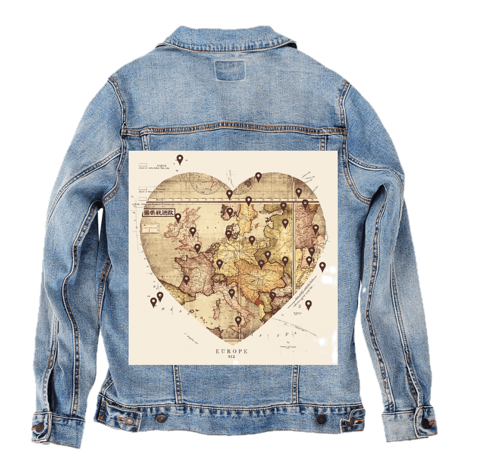 LOVE BY TRAVEL by TOBE FONSECA, digitally printed on DENIM products: throw pillows, aprons, table place mats, and hand-crafted Unisex Denim Jackets in 3 color choices