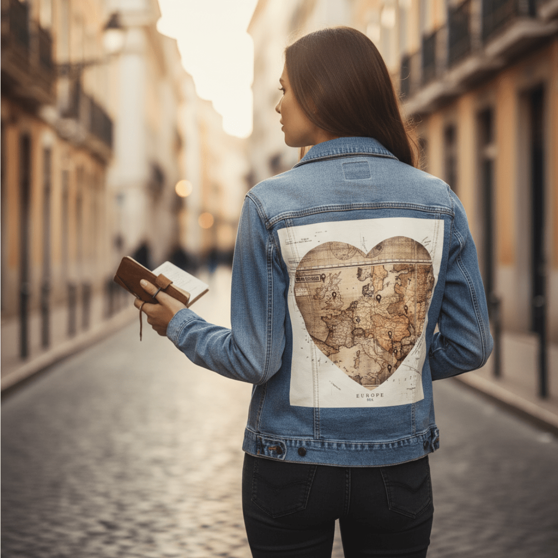 LOVE BY TRAVEL by TOBE FONSECA, digitally printed on DENIM products: throw pillows, aprons, table place mats, and hand-crafted Unisex Denim Jackets in 3 color choices