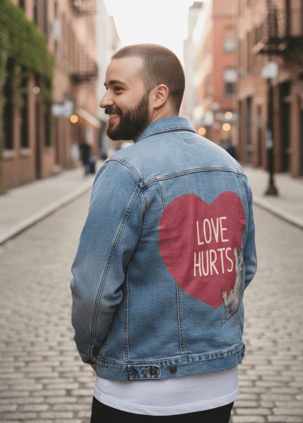 LOVE HURTS by TOBE FONSECA, digitally printed on DENIM products: throw pillows, aprons, table place mats, and hand-crafted Unisex Denim Jackets in 3 color choices