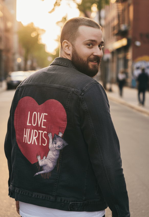 LOVE HURTS by TOBE FONSECA, digitally printed on DENIM products: throw pillows, aprons, table place mats, and hand-crafted Unisex Denim Jackets in 3 color choices