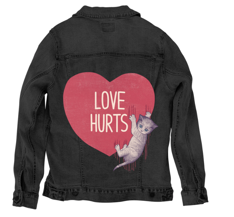 LOVE HURTS by TOBE FONSECA, digitally printed on DENIM products: throw pillows, aprons, table place mats, and hand-crafted Unisex Denim Jackets in 3 color choices