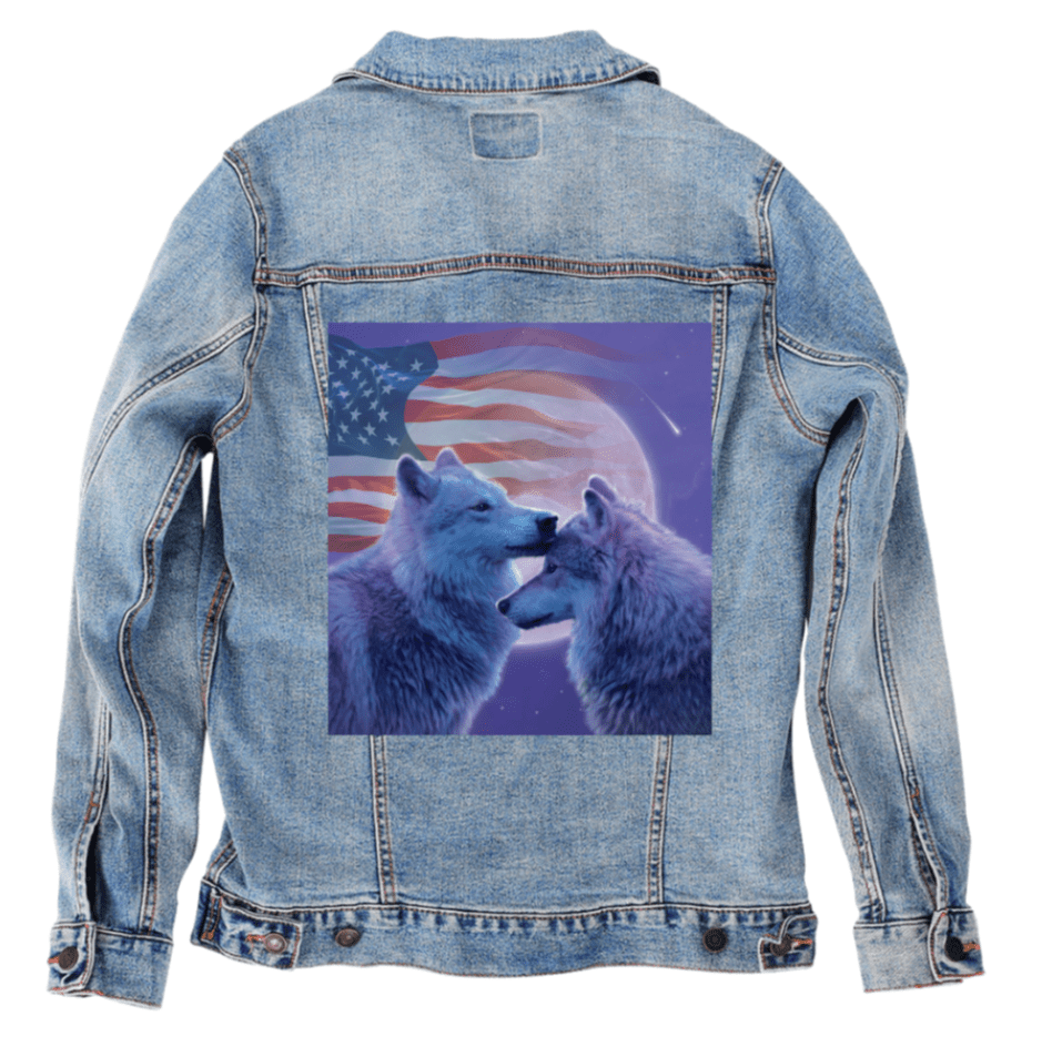 LOVING WOLVES by VINCENT HIE, printed on denim jackets and other denim products: tote bags, throw pillows, table place mats, aprons