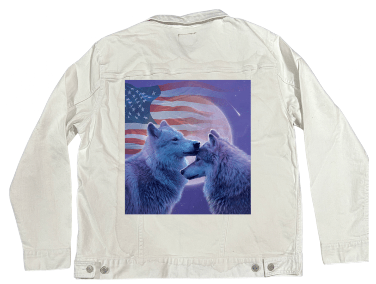 LOVING WOLVES by VINCENT HIE, printed on denim jackets and other denim products: tote bags, throw pillows, table place mats, aprons