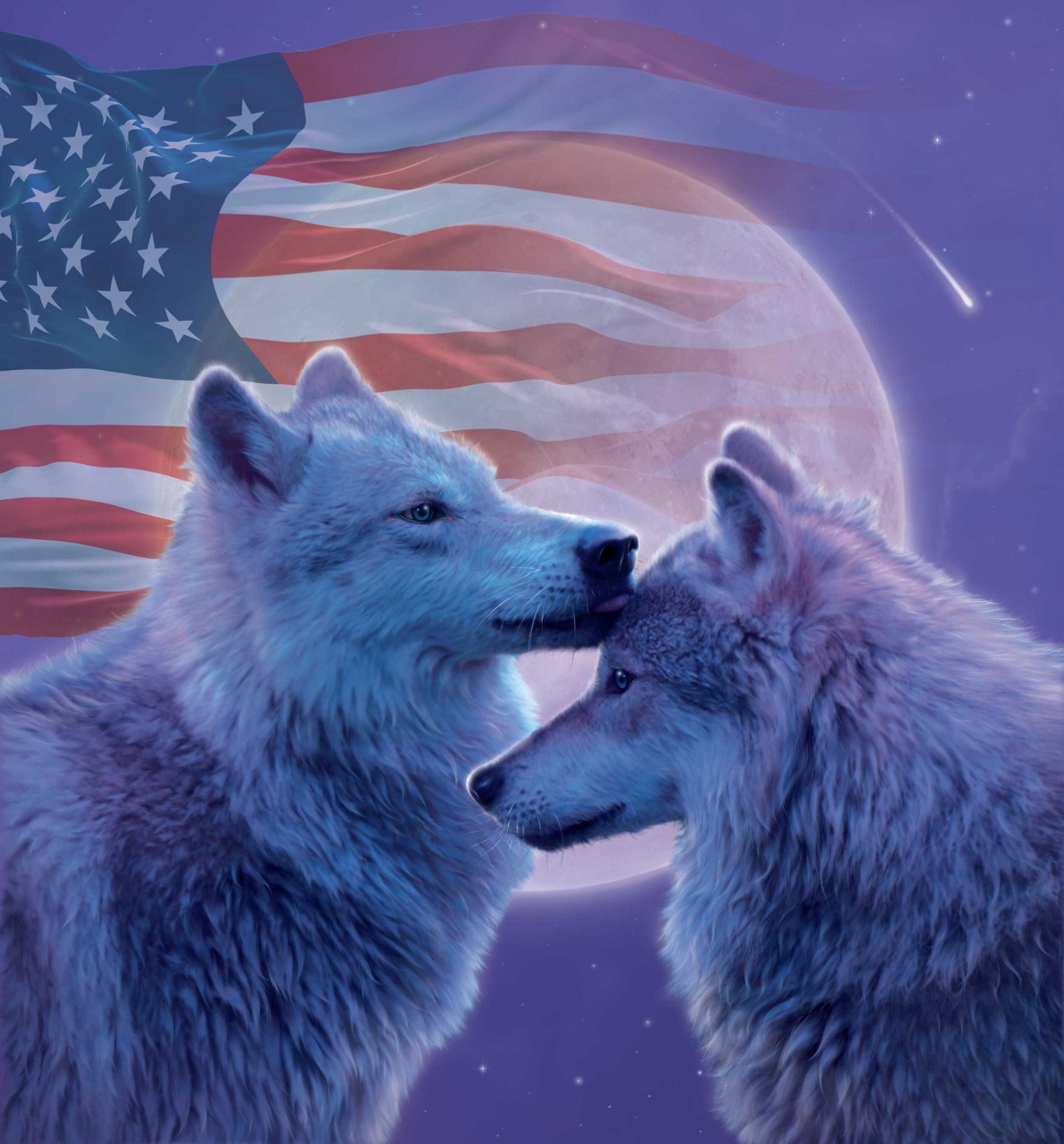 LOVING WOLVES by VINCENT HIE, printed on denim jackets and other denim products: tote bags, throw pillows, table place mats, aprons