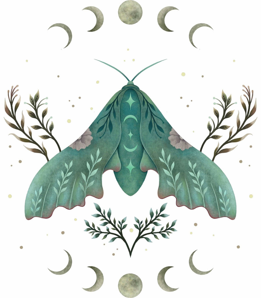 LUNA AND MOTH by EPISODIC DRAWING, printed on denim jackets and other denim products: tote bags, throw pillows, table place mats, aprons