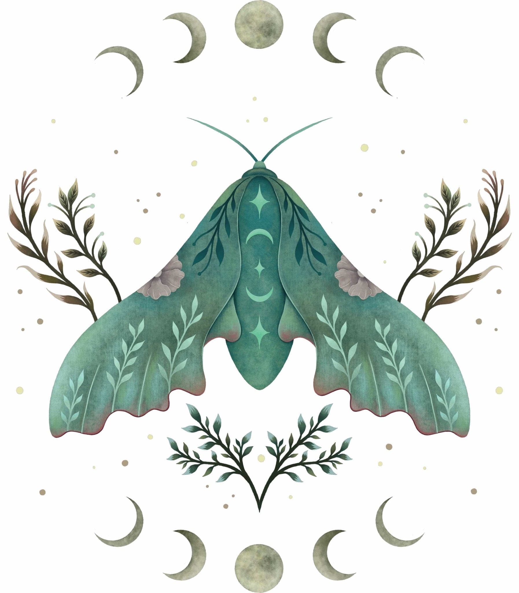 LUNA AND MOTH by EPISODIC DRAWING, printed on denim jackets and other denim products: tote bags, throw pillows, table place mats, aprons