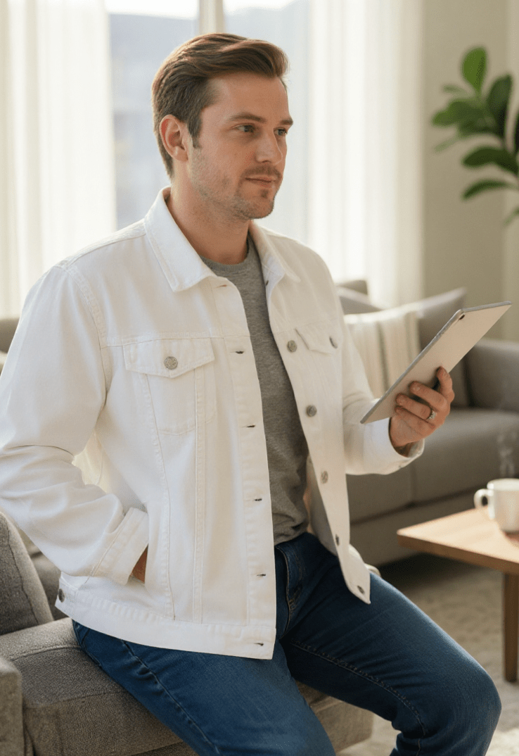 MASTER by KITSCH AND CURATE, printed on denim jackets and other denim products: tote bags, throw pillows, table place mats, aprons