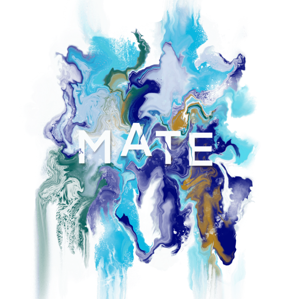 illustration of An abstract marbled composition with flowing ocean-inspired colors including turquoise, teal, deep blue, navy, white, soft gray, and muted gold. Liquid paint-like forms swirl vertically and diagonally with rippled edges, layered striations, and scattered speckled texture. Bold white capital letters spelling “MATE” appear horizontally across the center, cutting cleanly through the fluid motion.The overall shape is organic and asymmetrical against a black background. “Mate" by RaMir Designs