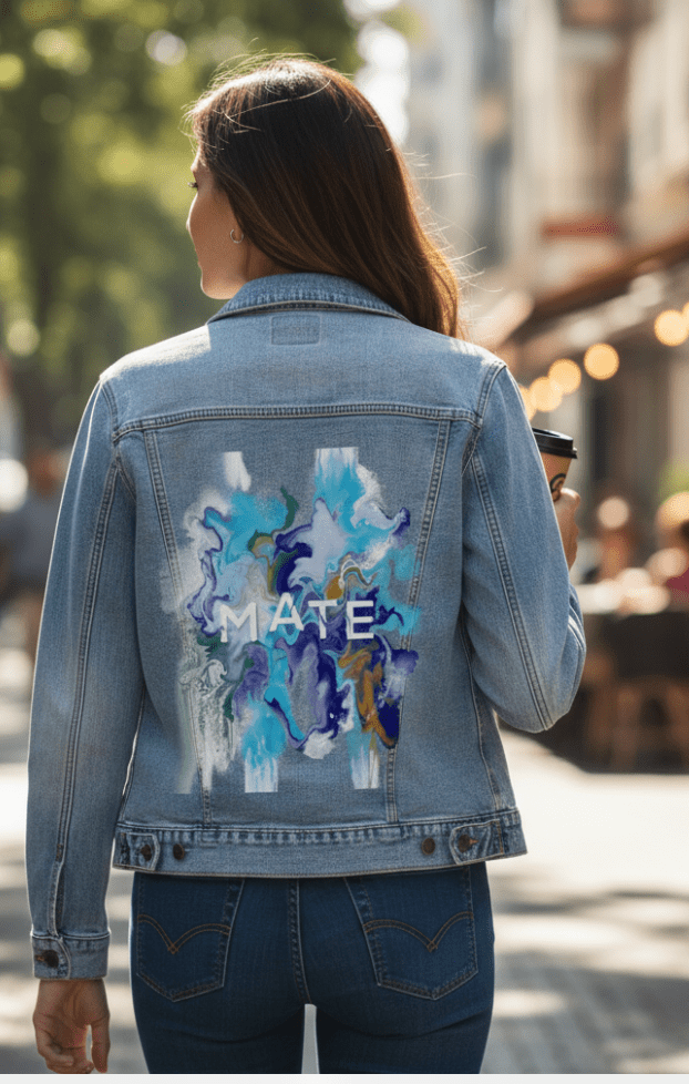 MATE OCEAN MARBLE by RaMir DESIGNS, printed on denim jackets and other denim products: tote bags, throw pillows, table place mats, aprons