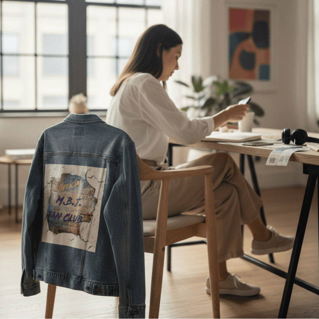 Back view of a stonewashed denim jacket draped over a wooden chair in a softly lit home workspace, displaying the “OFFICIAL M.B.J. FAN CLUB” artwork on the back panel. Natural light spills across the room, dust motes floating quietly as the cracked-wall design feels lived in and personal. The jacket waits like a second voice in the room, holding music, loyalty, and memory in its fibers. Printed by DenimINK