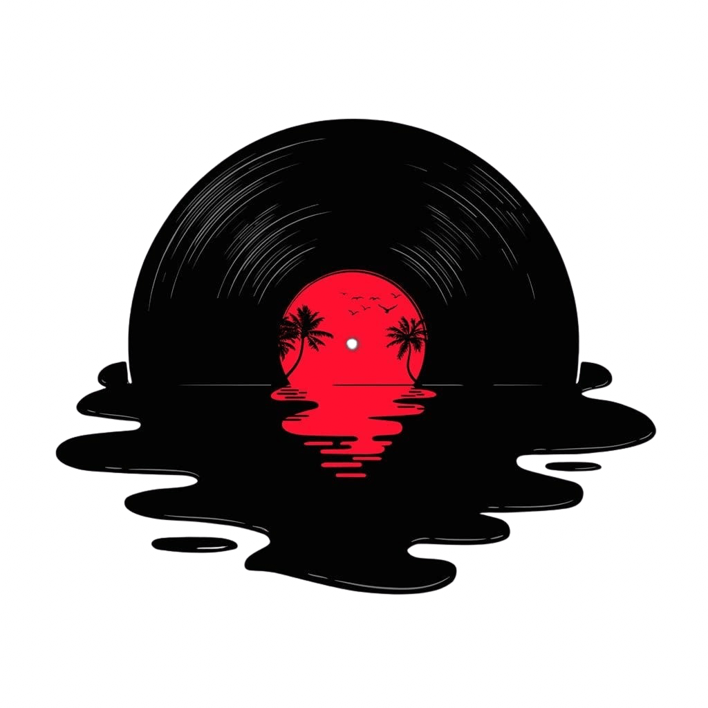 illustration of A stylized red sun setting over water, centered within a black circular vinyl record shape. The sun reflects downward in elongated red ripples, forming a melting effect into the water below. Black palm tree silhouettes flank the sun, with small birds flying across its surface. Thin curved line marks suggest record grooves around the circle. This artwork is titled “Melt Away” and created by Grant Shepley