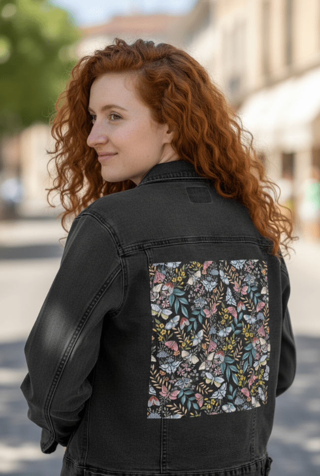 back view of a model walking through a sunlit city street wearing a black denim jacket printed with a densely illustrated floral moth pattern. the artwork “Midnight Garden” by Cecilia Battaini features clustered moths in pink, ivory & sage surrounded by golden berries, small blossoms & layered forest leaves. the design is digitally printed on the jacket’s back panel by DenimINK.