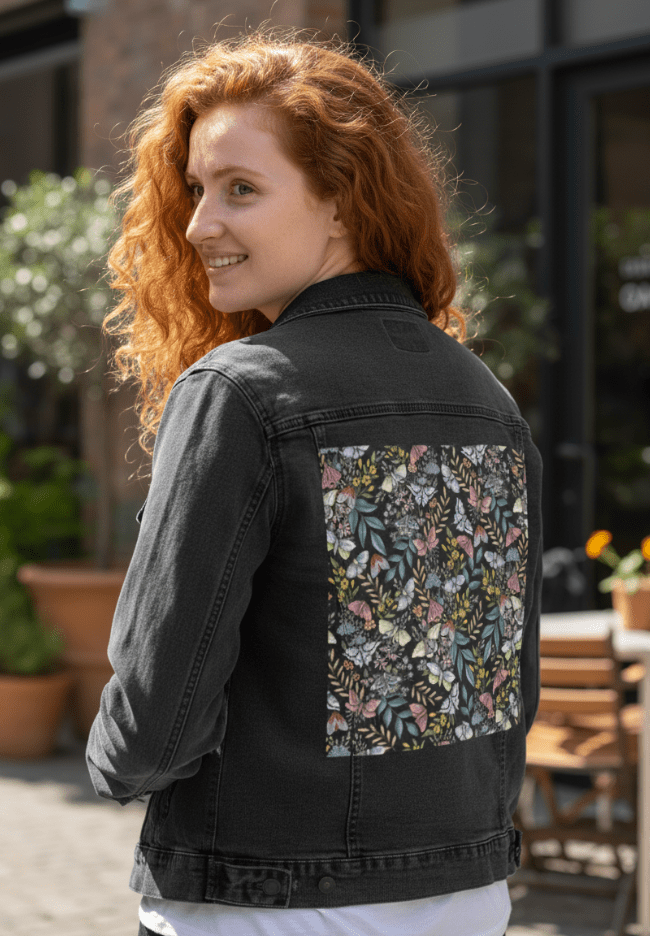 three-quarter rear view of a model standing in front of an outdoor café wearing a black denim jacket printed with a floral moth design. the artwork “Midnight Garden” by Cecilia Battaini shows soft-winged moths flying through clusters of blush wildflowers, golden sprigs &amp; dusty green leaves on a dark background. the design is digitally printed on the jacket’s back panel by DenimINK.