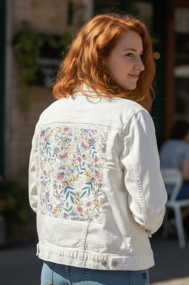 three-quarter rear view of a model seated near a café under dappled sunlight, wearing a white denim jacket printed with a moth garden design. the artwork “Midnight Garden” by Cecilia Battaini features pastel moths fluttering through layers of pale vines, yellow berries &amp; sketch-like leaves. the design is digitally printed on the jacket’s back panel by DenimINK.