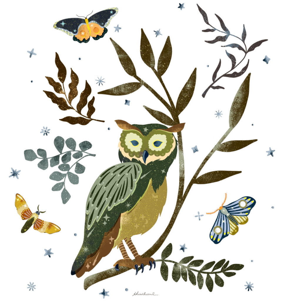 illustration of A stylized green and gold owl perched on a leafy branch against a black background. The owl has rounded yellow eyes with pale rings, a small blue beak, and layered feathers decorated with star-like speckles. Olive and brown branches with elongated leaves surround the owl, along with small scattered stars and four moths in blue, gold, and cream tones. This artwork is titled “Moonlit Owl” and created by Thearticsoul