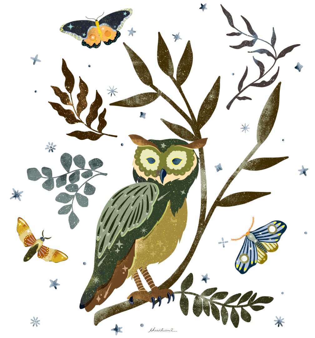 MOONLIT OWL by thearticsoul, printed on denim jackets and other denim products: tote bags, throw pillows, table place mats, aprons