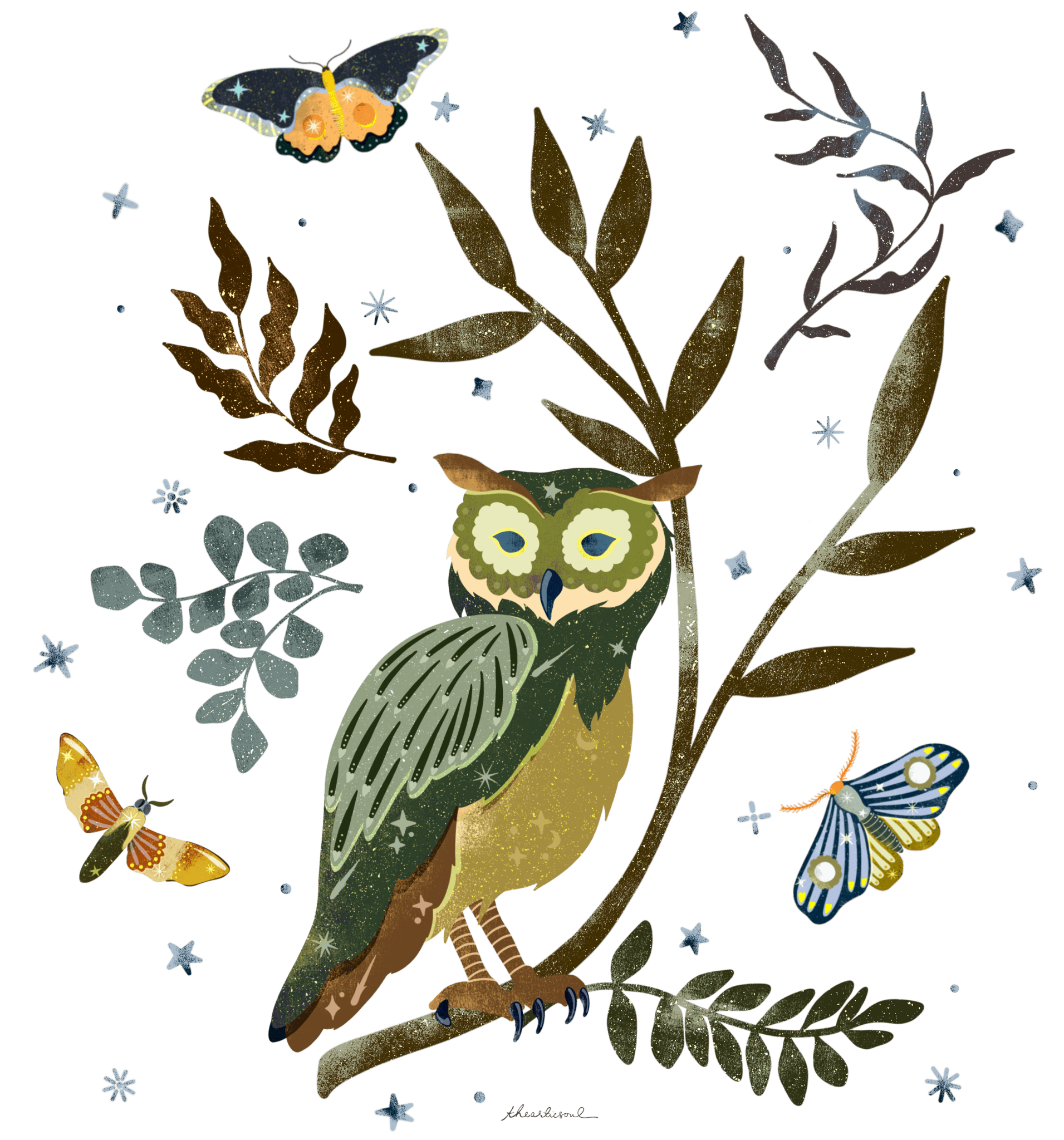 MOONLIT OWL by thearticsoul, printed on denim jackets and other denim products: tote bags, throw pillows, table place mats, aprons
