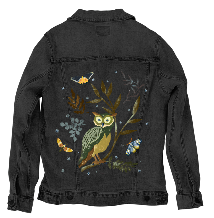 MOONLIT OWL by thearticsoul, printed on denim jackets and other denim products: tote bags, throw pillows, table place mats, aprons