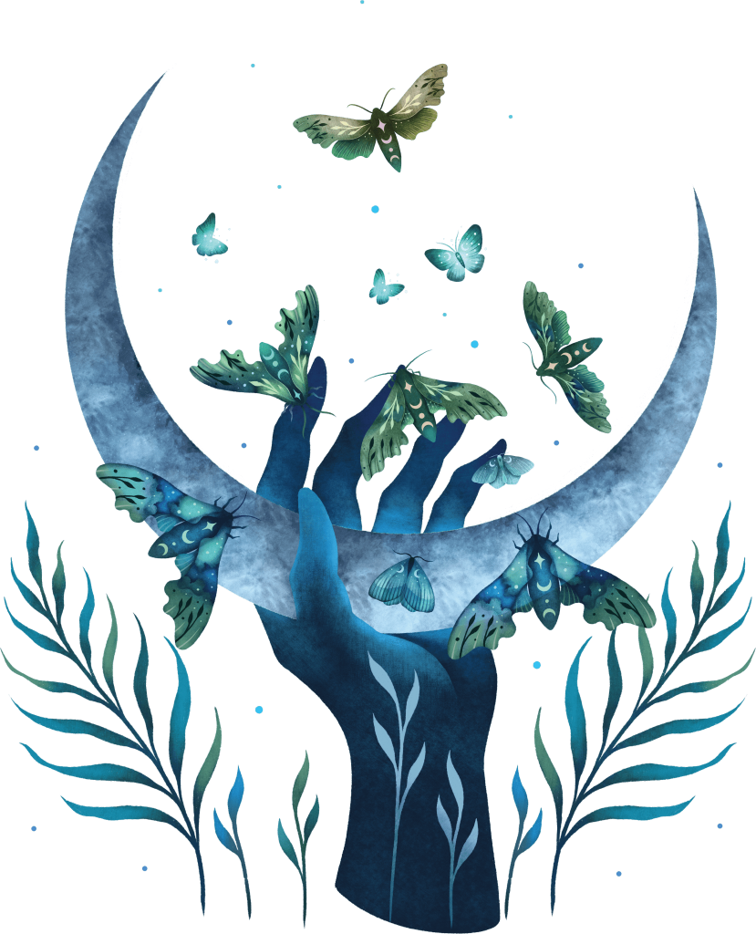 MOTH HAND by EPISODIC DRAWING,printed by DenimINK on hand-crafted Denim Jackets and other denim products and other denim products: tote bags, throw pillows, table place mats, aprons