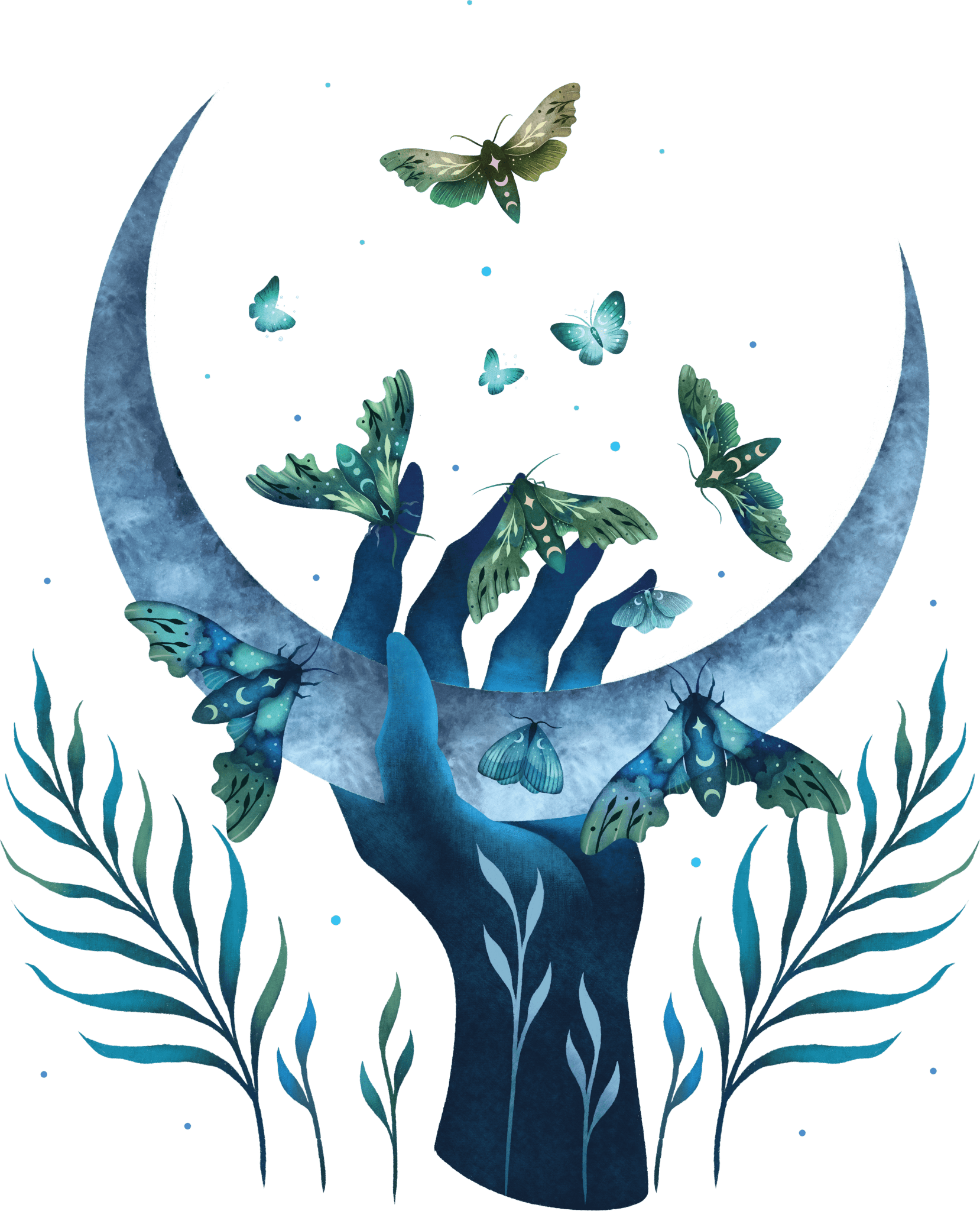 MOTH HAND by EPISODIC DRAWING,printed by DenimINK on hand-crafted Denim Jackets and other denim products and other denim products: tote bags, throw pillows, table place mats, aprons