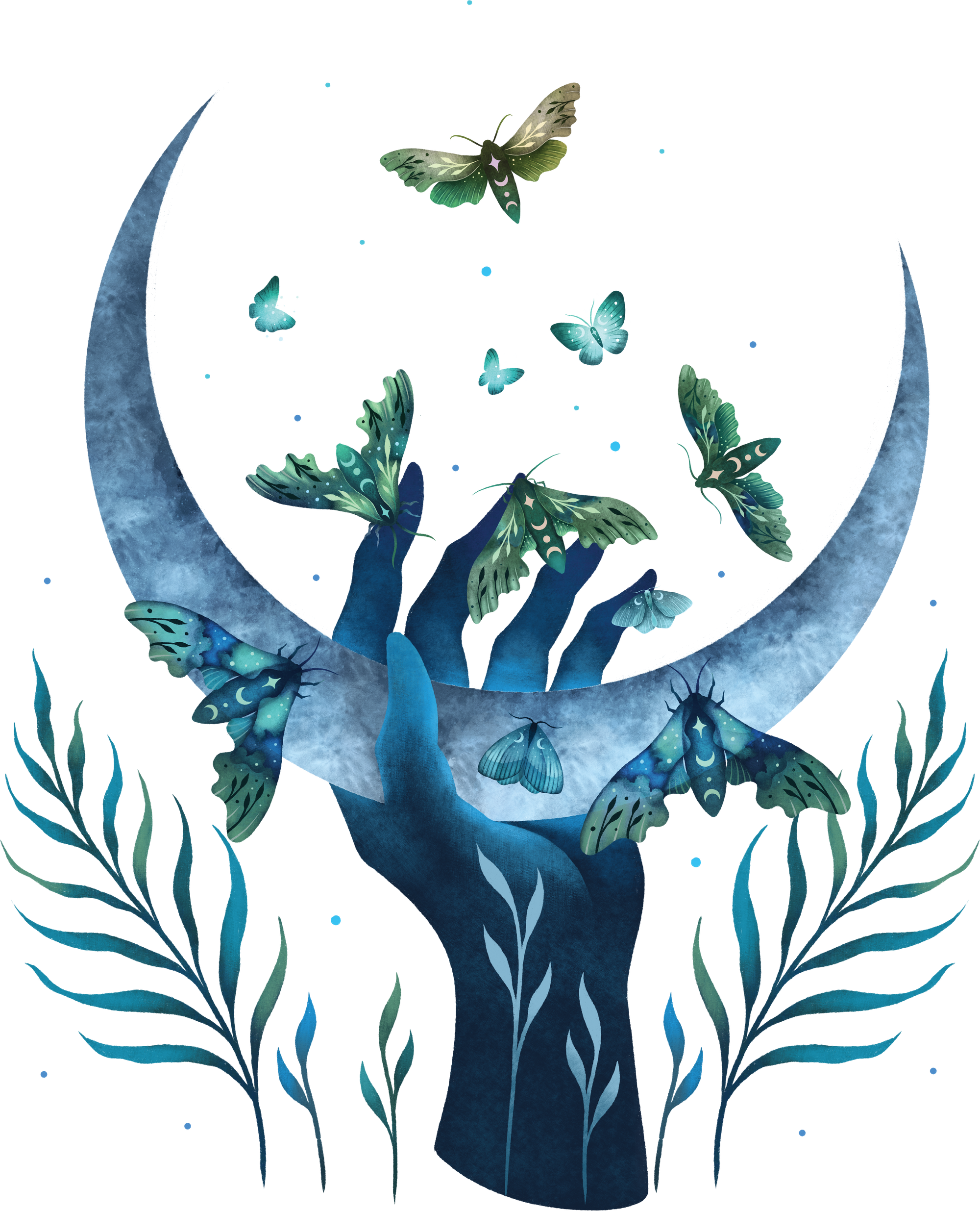 MOTH HAND by EPISODIC DRAWING, digitally printed on DENIM products: throw pillows, aprons, table place mats, and hand-made Unisex Denim Jackets in 3 color choices