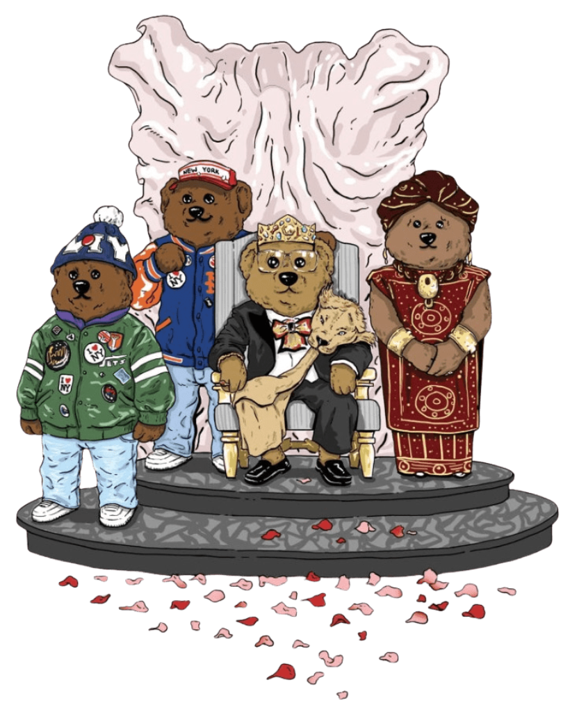 illustration of Four anthropomorphic brown bears posed on a round gray pedestal against a black background. one bear sits centered on a gold-trimmed throne wearing a black suit, bow tie, and crown, holding a smaller bear figure. Three standing bears flank the throne wearing different outfits: a green jacket with patches and beanie, a blue varsity-style jacket with a red headband, and a red patterned robe with matching headwrap. Pale fabric rises behind them like a draped backdrop, and scattered pink and red