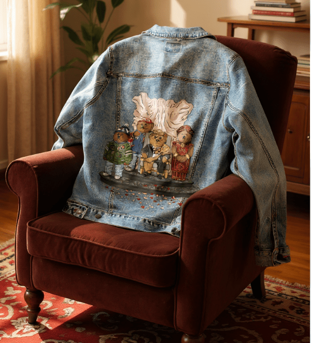 MOVING TO AMERICA, by THE NYGERIANS, printed on denim jackets and other denim products: tote bags, throw pillows, table place mats, aprons