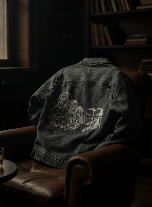 MOVING TO AMERICA, by THE NYGERIANS, printed on denim jackets and other denim products: tote bags, throw pillows, table place mats, aprons