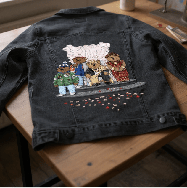 MOVING TO AMERICA, by THE NYGERIANS, printed on denim jackets and other denim products: tote bags, throw pillows, table place mats, aprons