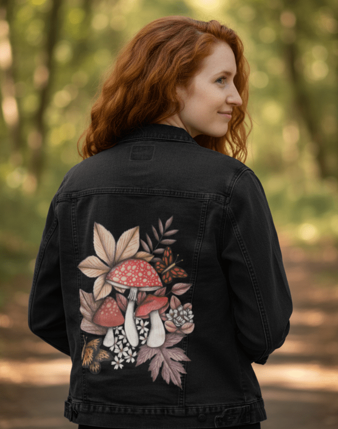 back view of a model walking along a wooded trail wearing a black denim jacket featuring red-capped mushrooms surrounded by warm-toned leaves, white blossoms, and two softly shaded butterflies. the scene is lit with dappled sunlight filtering through trees, casting natural highlights across the jacket. the artwork “Mushroom Magic 1” by Cecilia Battaini is digitally printed on the jacket’s back panel by DenimINK.