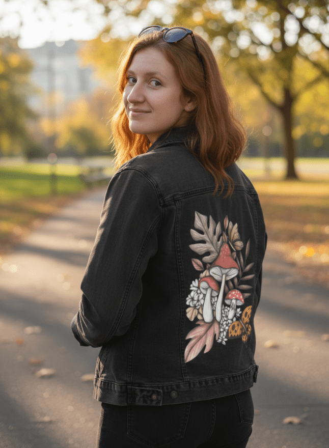 three-quarter rear view of a model walking through a golden autumn park wearing a black denim jacket with softly sketched red-capped mushrooms, sepia-toned leaves, and fluttering butterflies. the crisp sunlight casts long shadows, giving the jacket a bold contrast and woodland warmth. the artwork “Mushroom Magic 2” by Cecilia Battaini is digitally printed on the jacket’s back panel by DenimINK.