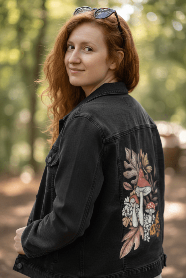 three-quarter rear view of a model standing in a shaded forest glade wearing a black denim jacket displaying an enchanted arrangement of red mushrooms with white speckles, pale blossoms, and warm-toned leaves. a golden butterfly floats near the base of the cluster. the jacket’s deep tone brings striking clarity to the soft, pencil-drawn forest forms. the artwork “Mushroom Magic 2” by Cecilia Battaini is digitally printed on the jacket’s back panel by DenimINK.
