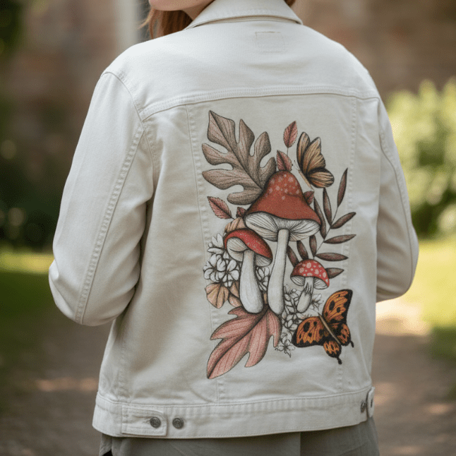 three-quarter closeup rear view of a model walking along a garden path wearing a white denim jacket featuring delicately drawn mushrooms, blooming white flowers, and a fluttering golden butterfly, all framed by fallen woodland leaves. the sunlight bounces gently off the crisp white fabric, highlighting the warm tones of the forest palette. the artwork “Mushroom Magic 2” by Cecilia Battaini is digitally printed on the jacket’s back panel by DenimINK.