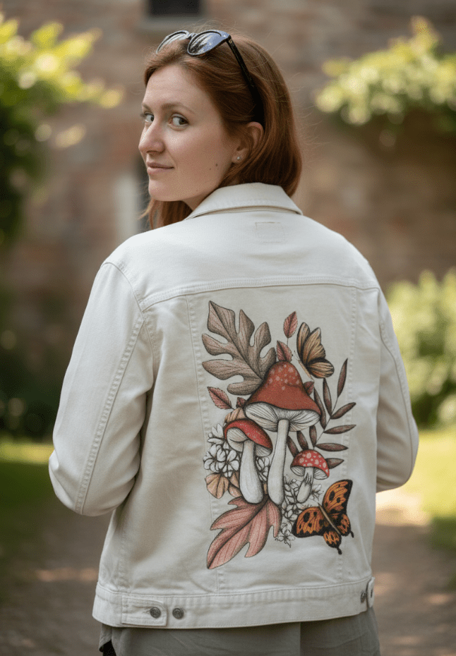 three-quarter rear view of a model walking along a garden path wearing a white denim jacket featuring delicately drawn mushrooms, blooming white flowers, and a fluttering golden butterfly, all framed by fallen woodland leaves. the sunlight bounces gently off the crisp white fabric, highlighting the warm tones of the forest palette. the artwork “Mushroom Magic 2” by Cecilia Battaini is digitally printed on the jacket’s back panel by DenimINK.